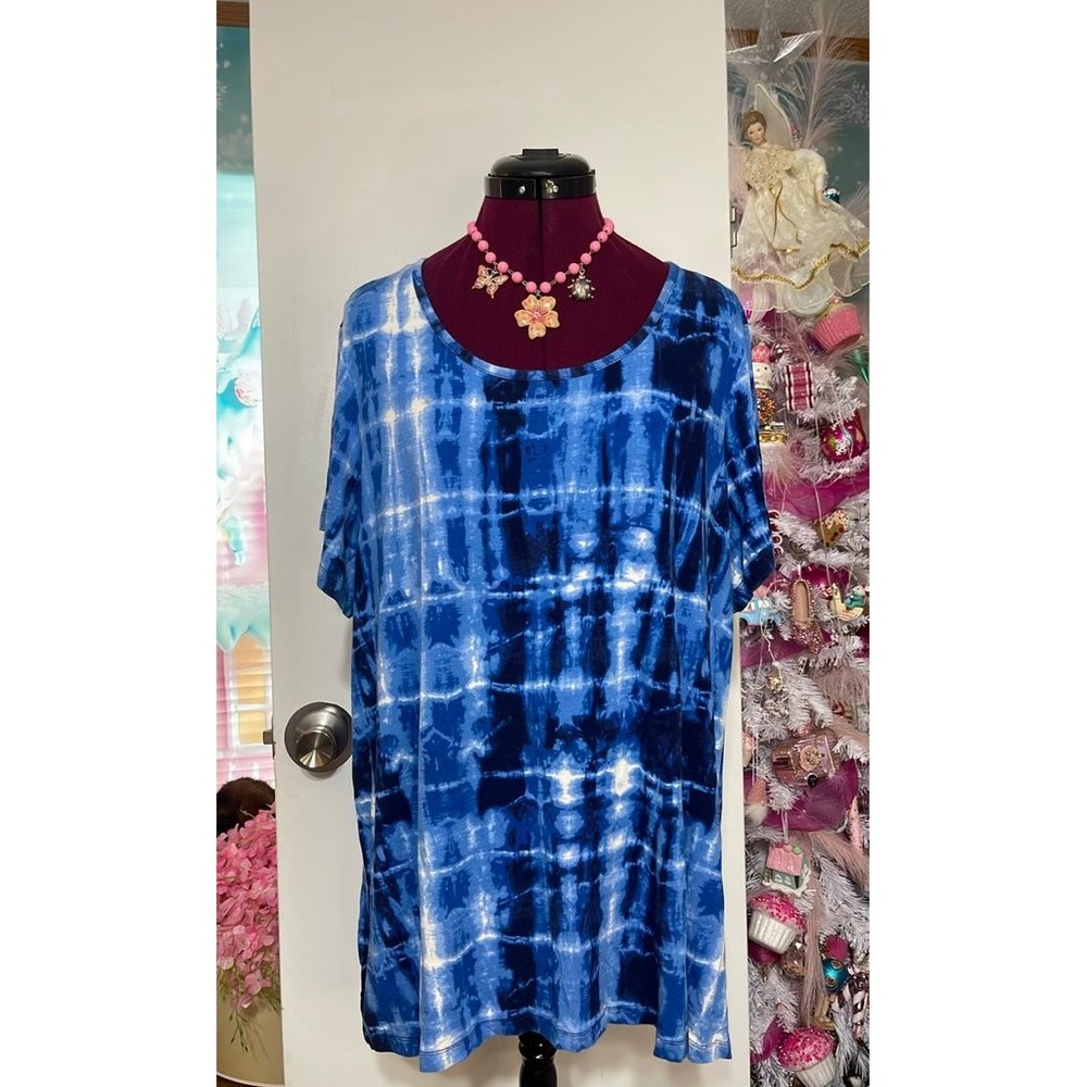 Philosophy Woman Tunic Top Womens 2X Blue Tie Dye Good Scoop Neck Short Sleeve